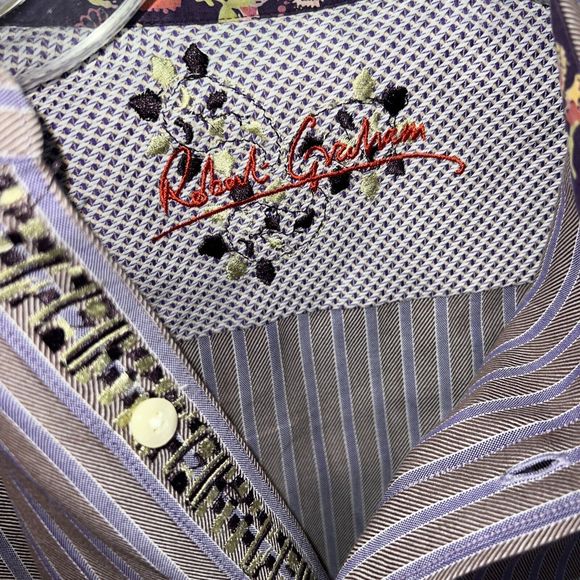 Robert Graham Long Sleeve Button Down Striped Shirt purple floral cuffs Sz MD - Picture 4 of 8